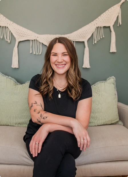 morgan brower sitting on couch